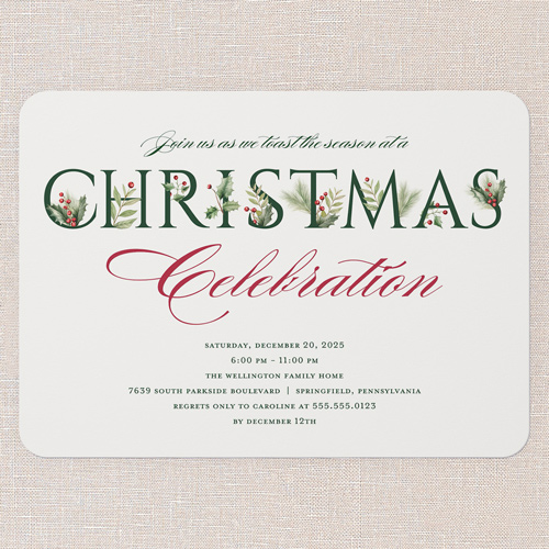 Elegant Gathering Holiday Invitation, Beige, 5x7 Flat, Christmas, Pearl Shimmer Cardstock, Rounded, Beige