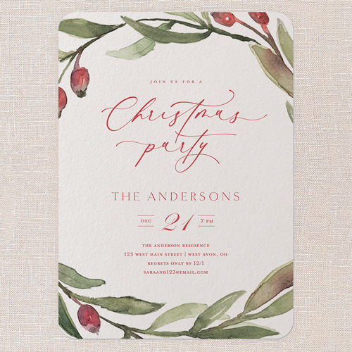 Berry Wreath Invite Holiday Invitation, Beige, 5x7 Flat, Christmas, Matte, Signature Smooth Cardstock, Rounded, Beige