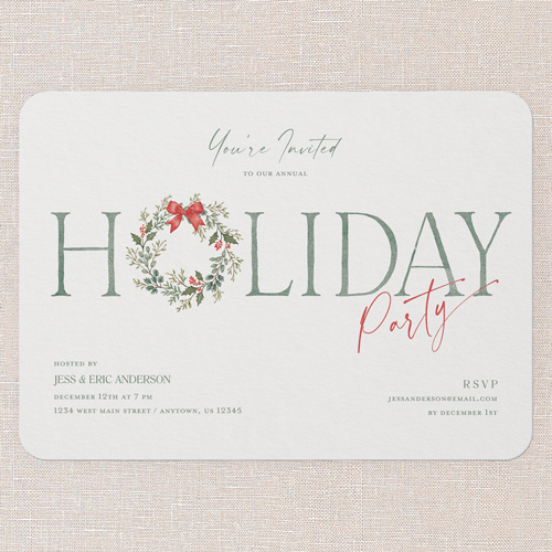 Wreath Invitation Holiday Invitation, White, 5x7 Flat, Holiday, Standard Smooth Cardstock, Rounded, White