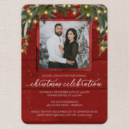 Evergreen Glow Holiday Invitation, Red, 5x7 Flat, Christmas, Pearl Shimmer Cardstock, Rounded, Red