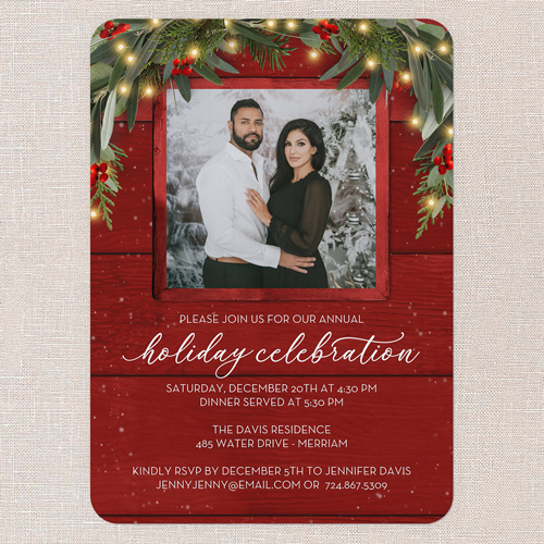 Evergreen Glow Holiday Invitation, Red, 5x7 Flat, Holiday, Standard Smooth Cardstock, Rounded, Red