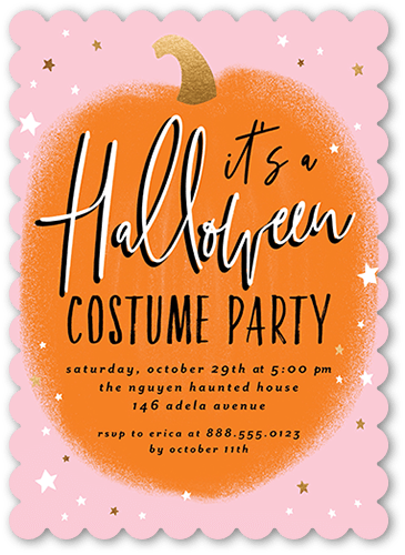 Pumpkin Party Halloween Invitation, Pink, 5x7 Flat, Pearl Shimmer Cardstock, Scallop