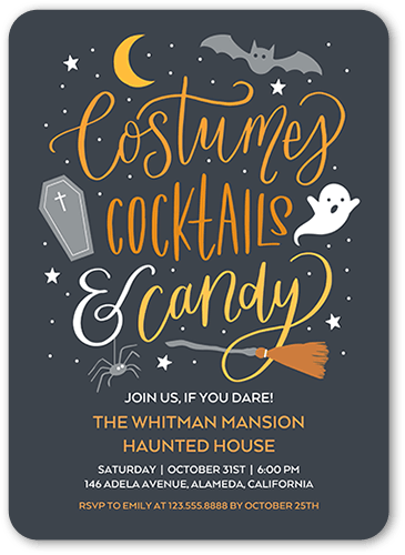 Costumes and Cocktails Halloween Invitation, Gray, 5x7 Flat, Standard Smooth Cardstock, Rounded
