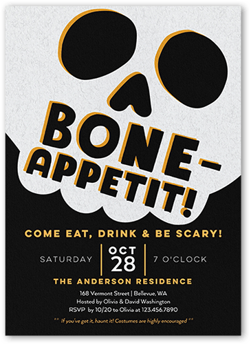 Bone Appetit Halloween Invitation, Black, 5x7, Pearl Shimmer Cardstock, Square