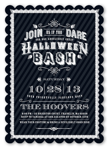 Ghoulish Gala Halloween Invitation, Black, Pearl Shimmer Cardstock, Scallop