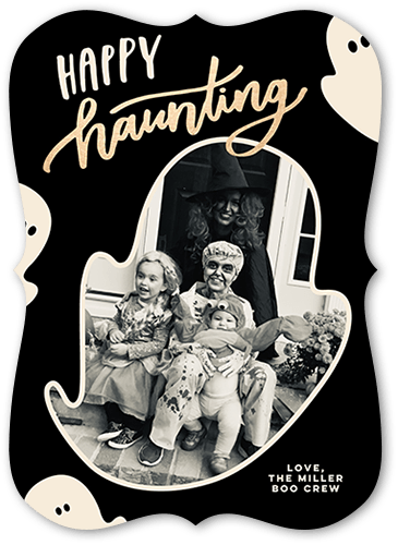 Happy Haunting Halloween Card, Black, 5x7 Flat, Pearl Shimmer Cardstock, Bracket