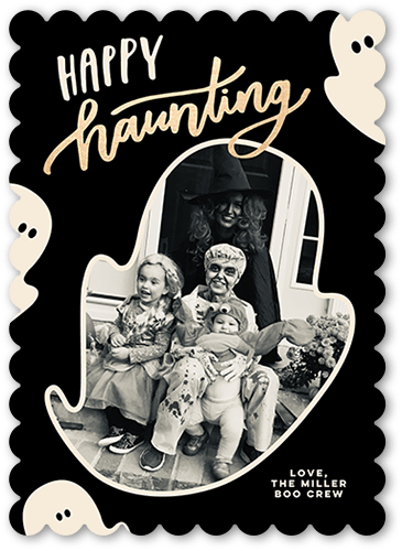 Happy Haunting Halloween Card, Black, 5x7 Flat, Pearl Shimmer Cardstock, Scallop