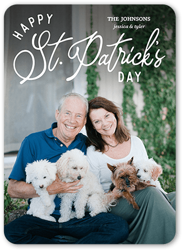 Calligraphic Greetings St. Patrick's Day Card, White, 5x7 Flat, Pearl Shimmer Cardstock, Rounded, White