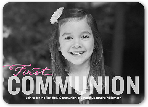 Bold Type Girl Communion Invitation, Pink, Pearl Shimmer Cardstock, Rounded