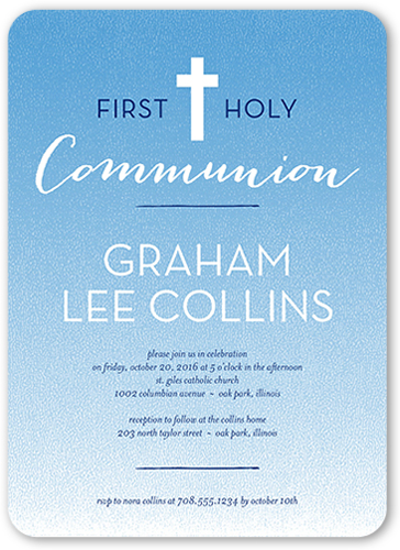 Clean Communion Boy Communion Invitation, Blue, Pearl Shimmer Cardstock, Rounded, Blue