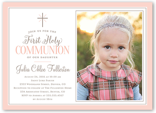 Faithfully Framed Girl Communion Invitation, Pink, Matte, Signature Smooth Cardstock, Square