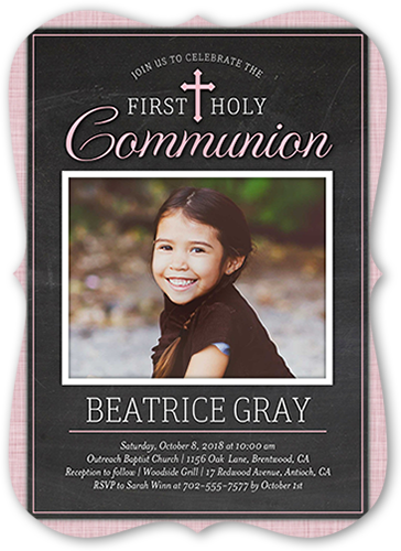 First Holy Girl Communion Invitation, Pink, Pearl Shimmer Cardstock, Bracket