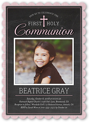 First Holy Girl Communion Invitation, Pink, Pearl Shimmer Cardstock, Scallop
