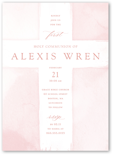 Watercolor Cross Girl Communion Invitation, Pink, 5x7 Flat, Pearl Shimmer Cardstock, Square