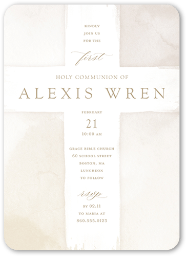 Watercolor Cross Girl Communion Invitation, White, 5x7 Flat, 100% Recycled Cardstock , Rounded, Almond