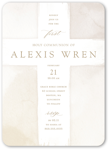 Watercolor Cross Girl Communion Invitation, White, 5x7 Flat, Pearl Shimmer Cardstock, Rounded