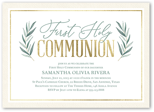 Holy Floral Communion Invitation, Beige, 5x7 Flat, Standard Smooth Cardstock, Square, Antique White