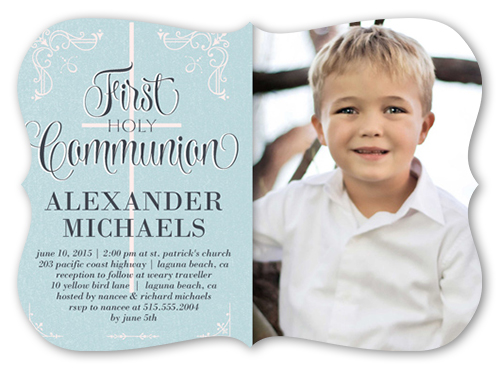 Decorative Borders Boy Communion Invitation, Blue, Pearl Shimmer Cardstock, Bracket