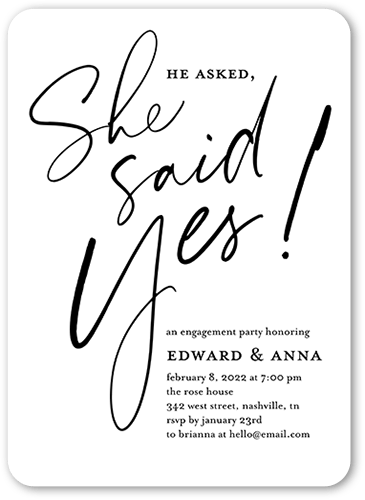All Yes Engagement Party Invitation, White, 5x7 Flat, 100% Recycled Cardstock , Rounded