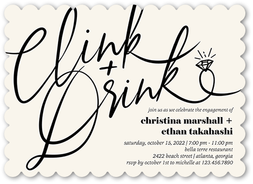 Clink And Drink Engagement Party Invitation, Black, 5x7, Pearl Shimmer Cardstock, Scallop