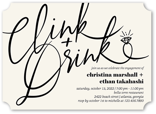 Clink And Drink Engagement Party Invitation, Black, 5x7 Flat, Pearl Shimmer Cardstock, Ticket