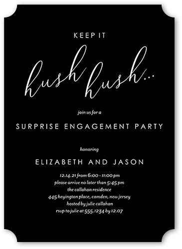 Hush Hush Engagement Party Invitation, Black, 5x7 Flat, Matte, Signature Smooth Cardstock, Ticket