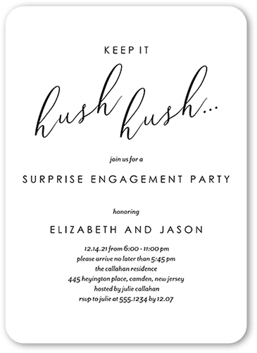 Hush Hush Engagement Party Invitation, White, 5x7 Flat, 100% Recycled Cardstock , Rounded