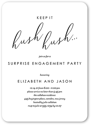 Hush Hush Engagement Party Invitation, White, 5x7 Flat, Pearl Shimmer Cardstock, Rounded