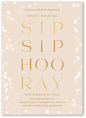 Sip And Hooray Engagement Party Invitation, Pink, 5x7 Flat, Pearl Shimmer Cardstock, Square