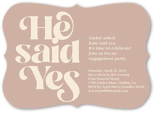 Said Yes Engagement Party Invitation, Beige, 5x7 Flat, Pearl Shimmer Cardstock, Bracket