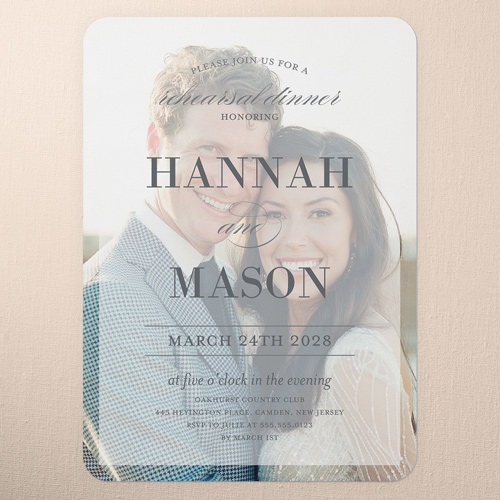 Divine Elegance Rehearsal Dinner Invitation, White, 5x7 Flat, Pearl Shimmer Cardstock, Rounded