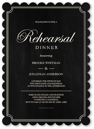 Elegant Commitment Rehearsal Dinner Invitation, Black, Pearl Shimmer Cardstock, Scallop