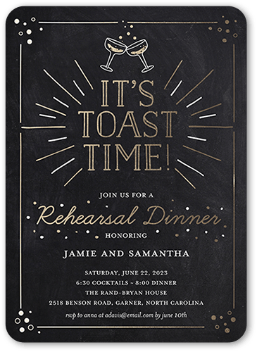 Toast Time Rehearsal Dinner Invitation, Black, 5x7 Flat, 100% Recycled Cardstock ?, Rounded