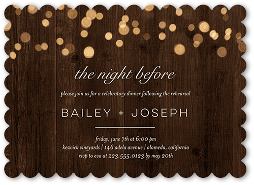 Rustic Shimmer Rehearsal Dinner Invitation, Brown, 5x7, Pearl Shimmer Cardstock, Scallop