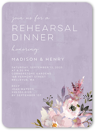 Painted Promise Rehearsal Dinner Invitation, Purple, 5x7 Flat, Pearl Shimmer Cardstock, Rounded
