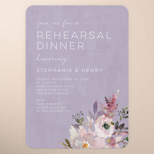 Painted Promise Rehearsal Dinner Invitation, Purple, 5x7 Flat, Pearl Shimmer Cardstock, Rounded