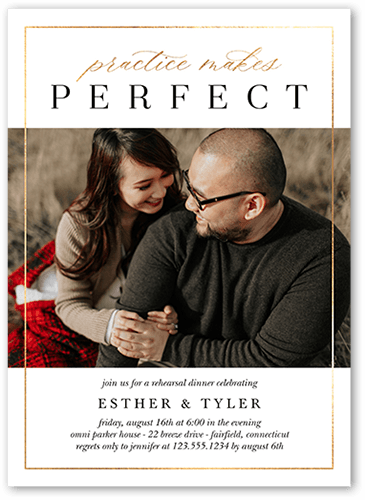 Practice Makes Perfect Rehearsal Dinner Invitation, White, 5x7 Flat, Pearl Shimmer Cardstock, Square