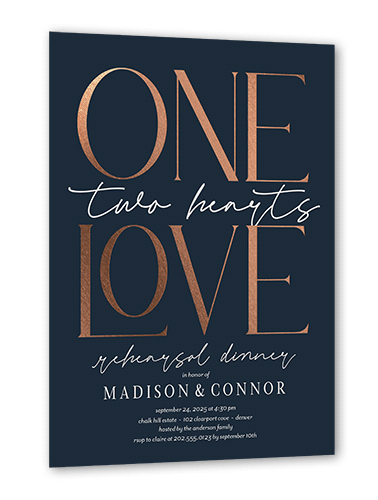 One Love Rehearsal Dinner Invitation, Blue, Rose Gold Foil, 5x7 Flat, Matte, Signature Smooth Cardstock, Square