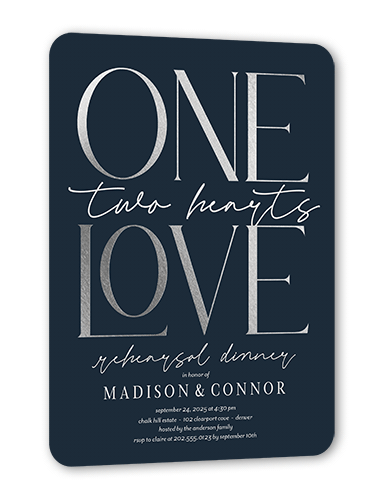 One Love Rehearsal Dinner Invitation, Blue, Silver Foil, 5x7 Flat, Matte, Signature Smooth Cardstock, Rounded