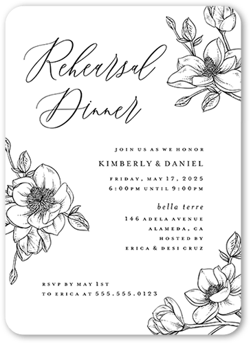 Marvelous Magnolia Rehearsal Dinner Invitation, White, 5x7 Flat, Standard Smooth Cardstock, Rounded