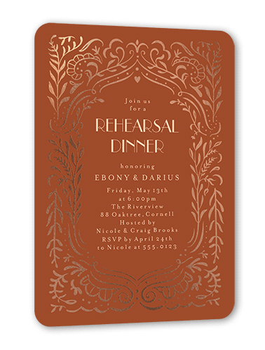Wonderful Weave Rehearsal Dinner Invitation, Orange, Rose Gold Foil, 5x7 Flat, Matte, Signature Smooth Cardstock, Rounded, Caramel