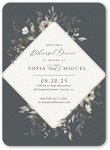 Blissful Bloom Rehearsal Dinner Invitation, Gray, 5x7 Flat, 100% Recycled Cardstock , Rounded