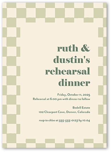 Checkerboard Chapel Rehearsal Dinner Invitation, Green, 5x7 Flat, Pearl Shimmer Cardstock, Square, Sage