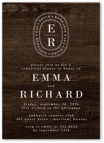 Majestic Monogram Rehearsal Dinner Invitation, Brown, 5x7 Flat, Matte, Signature Smooth Cardstock, Square, Wood