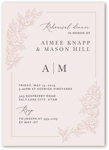 Floral Curve Rehearsal Dinner Invitation, Pink, 5x7 Flat, Pearl Shimmer Cardstock, Square