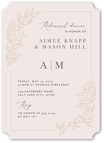 Floral Curve Rehearsal Dinner Invitation, Pink, 5x7 Flat, Pearl Shimmer Cardstock, Ticket