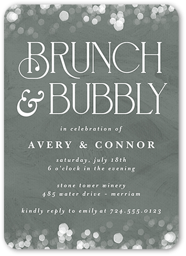 Bokeh Bubbly Rehearsal Dinner Invitation, Green, 5x7 Flat, Pearl Shimmer Cardstock, Rounded, Green