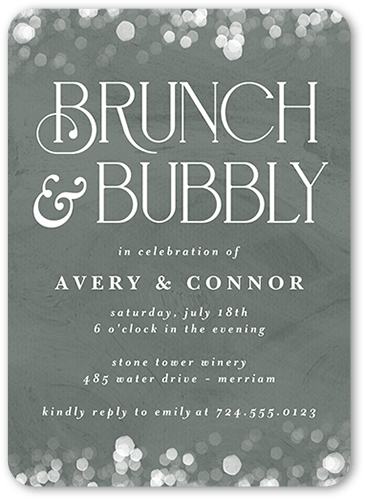 Bokeh Bubbly Rehearsal Dinner Invitation, Green, 5x7 Flat, Pearl Shimmer Cardstock, Rounded