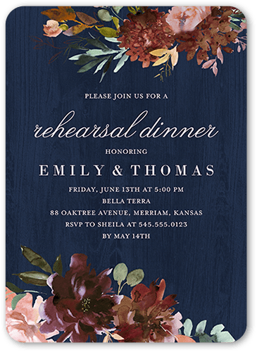Muted Florals Rehearsal Dinner Invitation, Blue, 5x7 Flat, Pearl Shimmer Cardstock, Rounded