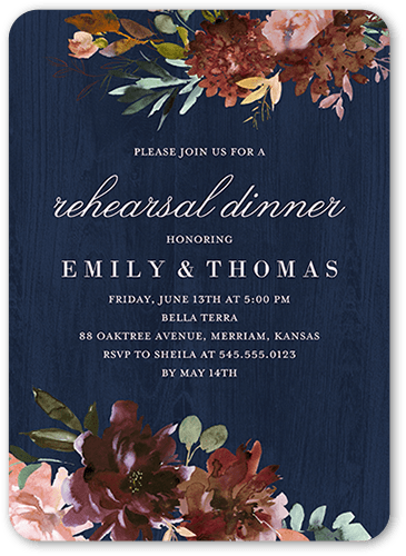 Muted Florals Rehearsal Dinner Invitation, Blue, 5x7 Flat, 100% Recycled Cardstock , Rounded